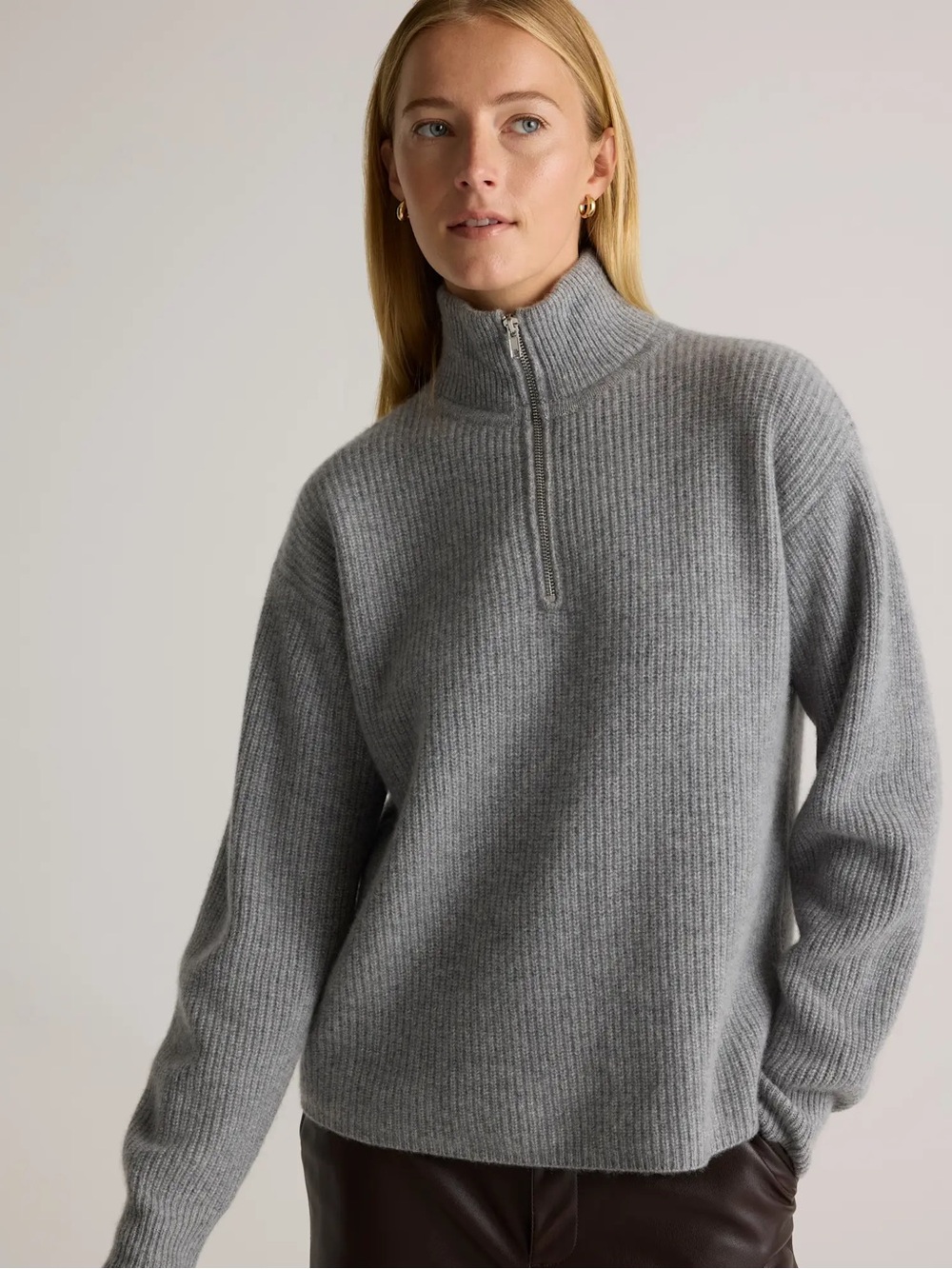 New Quince Ribbed Mongolian Cashmere Quarter-Zip Ribbed Mock Neck Sweater - Gray